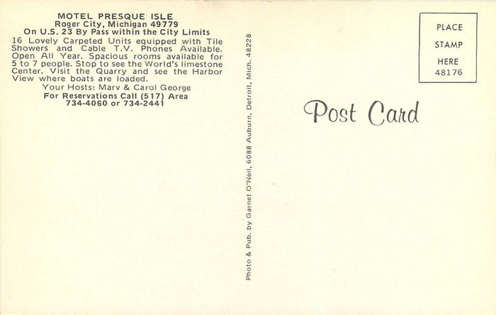 Presque Isles Huron Shore Motel (Presque Isle Motel) - Old Postcard Back